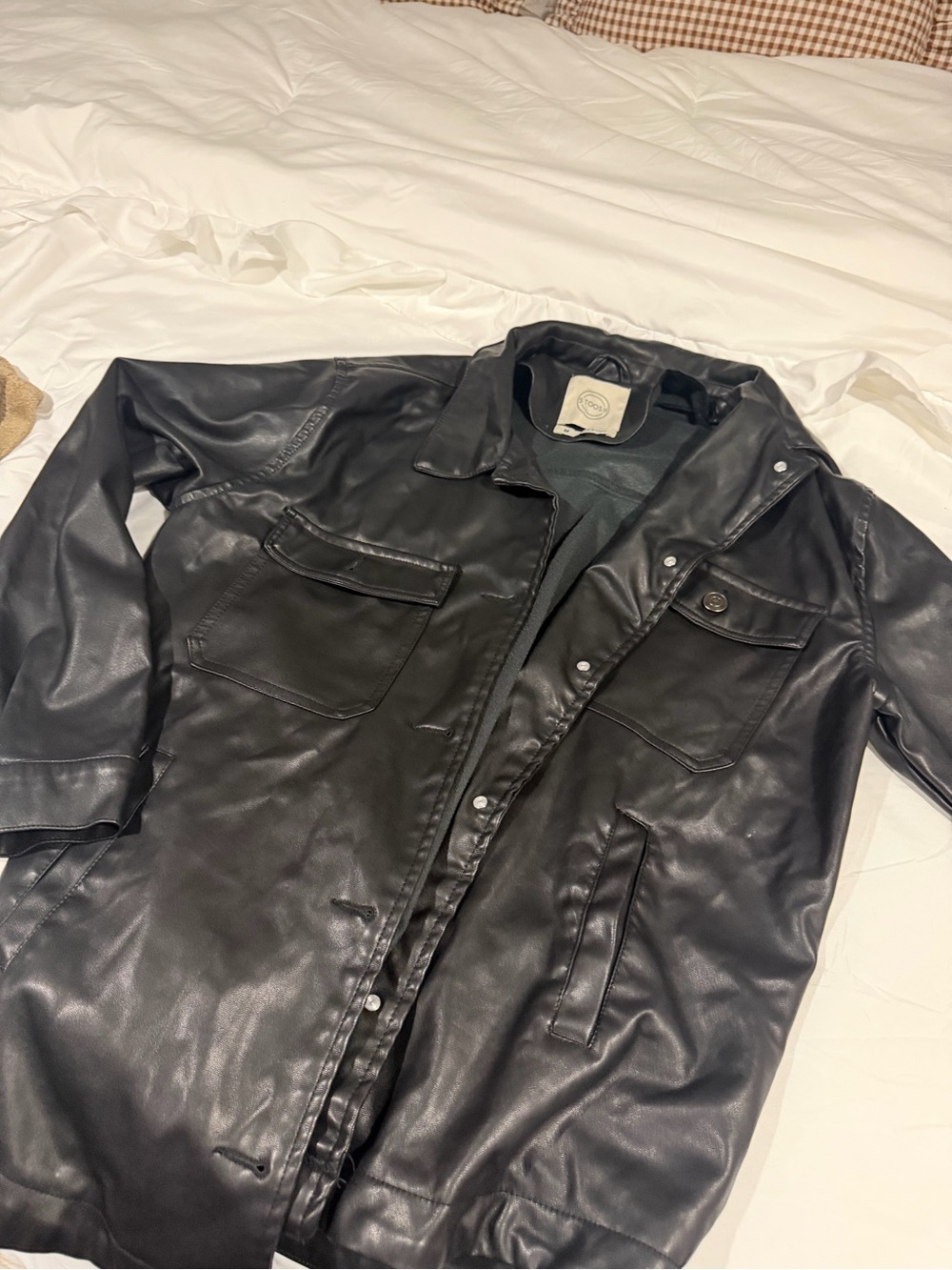 Source Unknown Black Faux Leather Long Jacket with Snap Front
